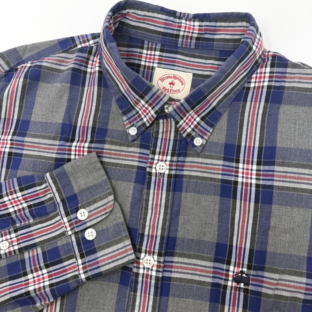 Brooks Brothers Red Fleece Mens XL Plaid Button Down Shirt Grey Blue Red Cotton